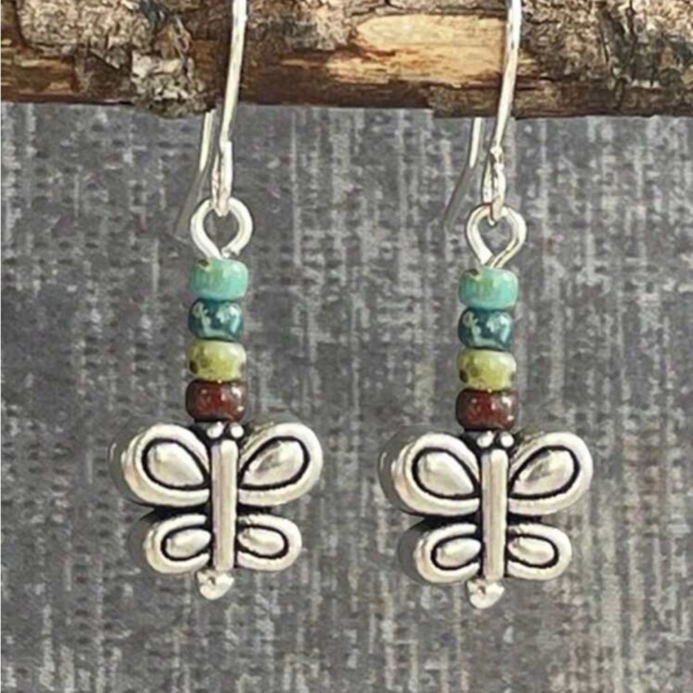 Chic Silver Butterfly Earrings with Colorful Beads